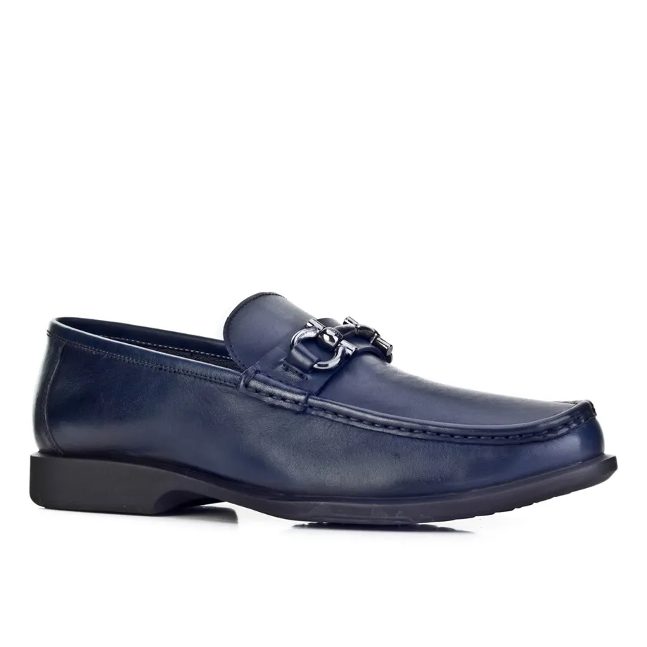 

Buckle accessory genuine leather navy blue men's shoes