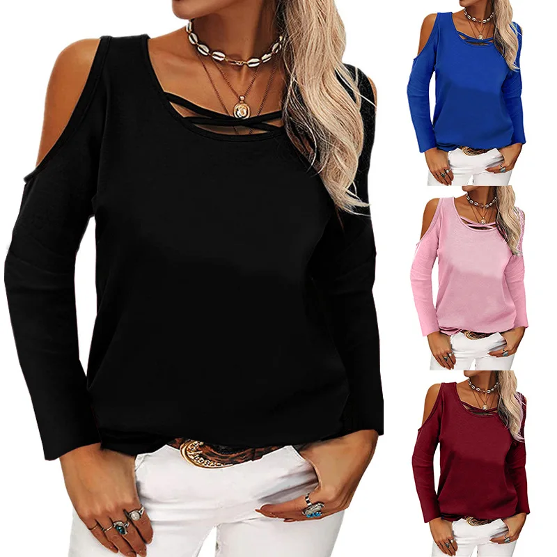 

2022 spring and summer women's modal fashion solid color off-the-shoulder long-sleeved T-shirt women