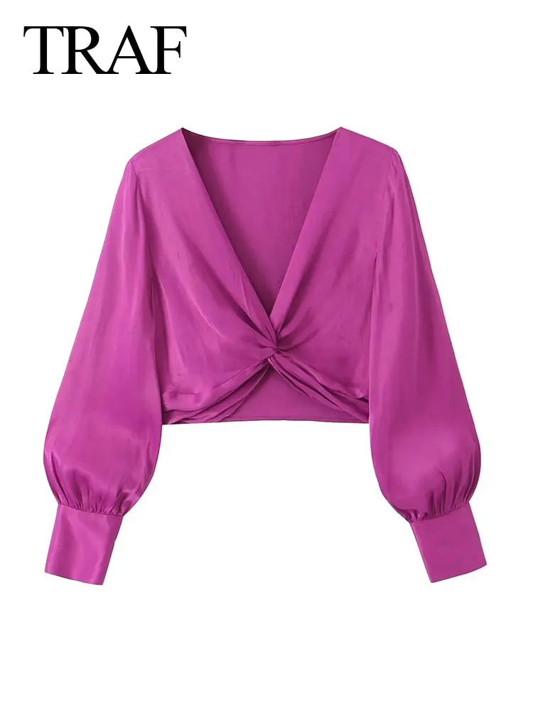 

TRAF 2023 Women's Summer Fashion Knotted Silk Satin Texture Top V Neck Lantern Sleeve Slim Shirt Sexy Women's Cropped Top