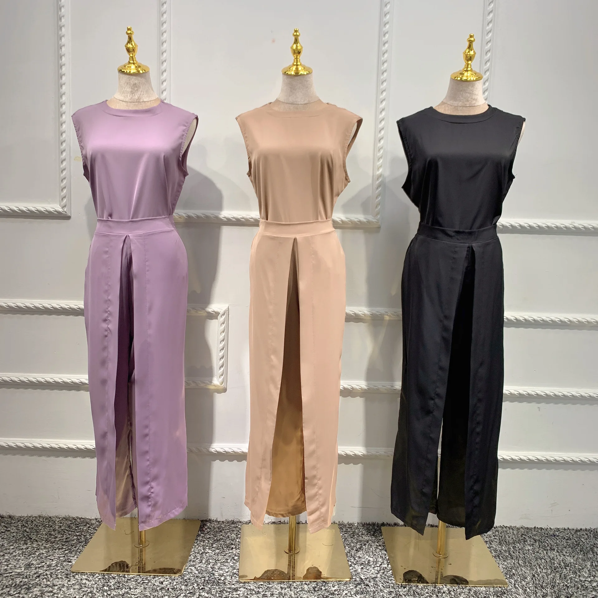 3 Piece Matching Set Women Tops and Pants Muslim Sets Dubai Abaya Kimono Arabic Modest Outfit Plain Open Abayas Islamic Clothing