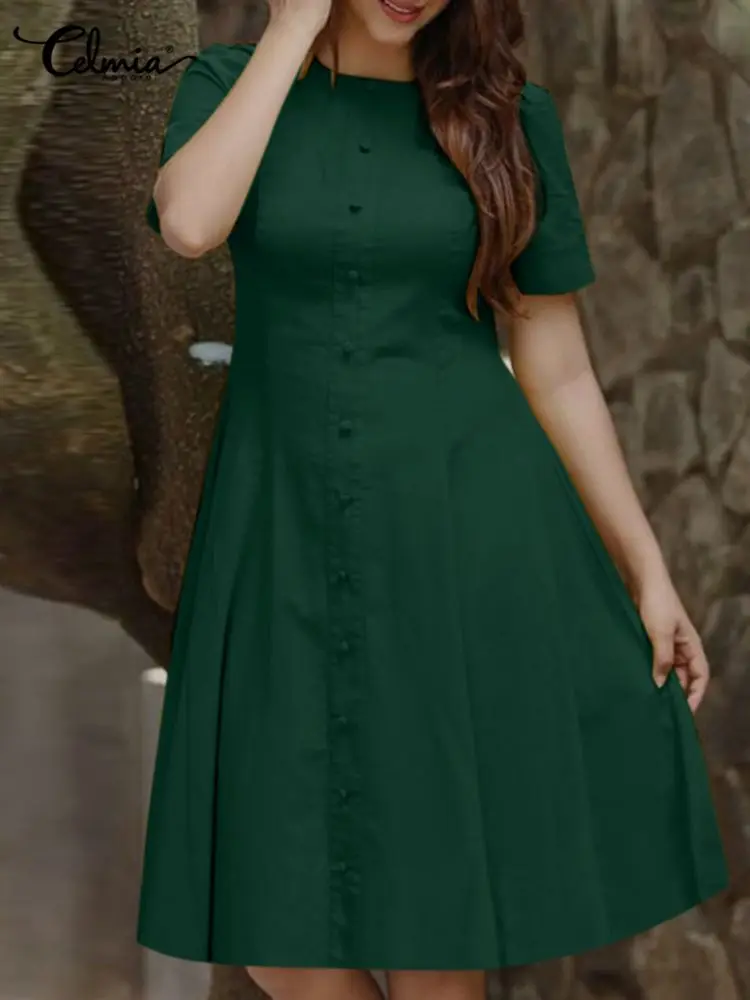 

Винтажное вечернее платье Celmia с круглым вырезом, элегантное женское короткое платье с коротким рукавом для отдыха, летние однотонные мини-п...