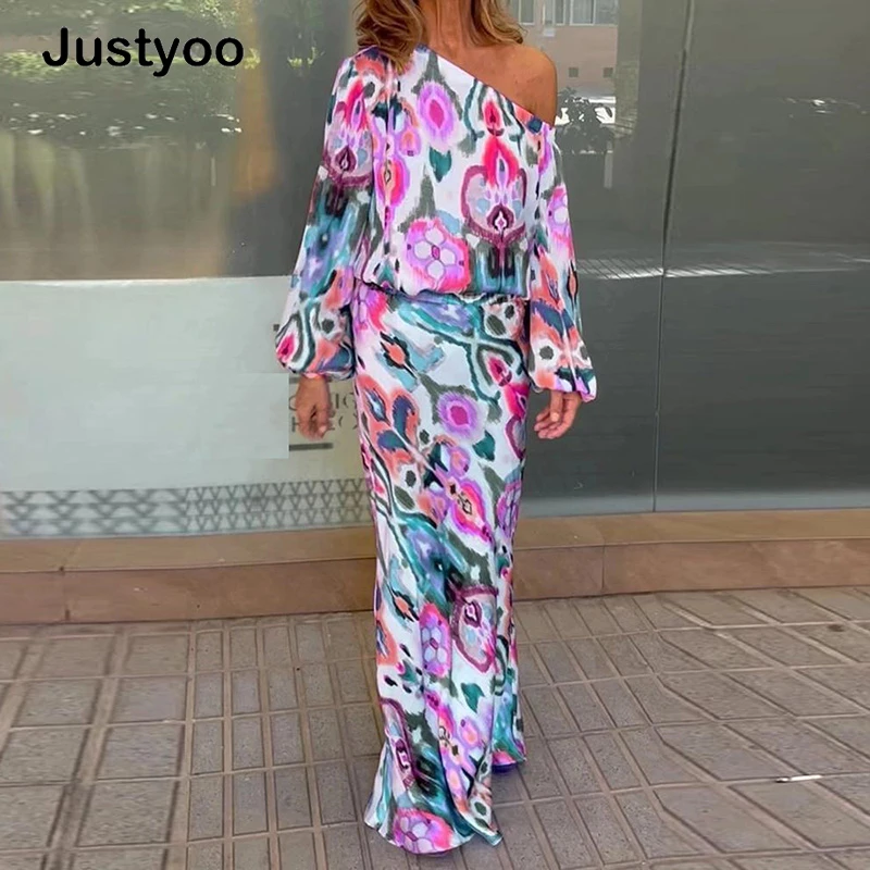 

New Elegant Autumn Vintage Women Two Piece Set Bohemia Print Off Shoulder Shirt High Waist Long Skirt Suit Casual Outfits 2022