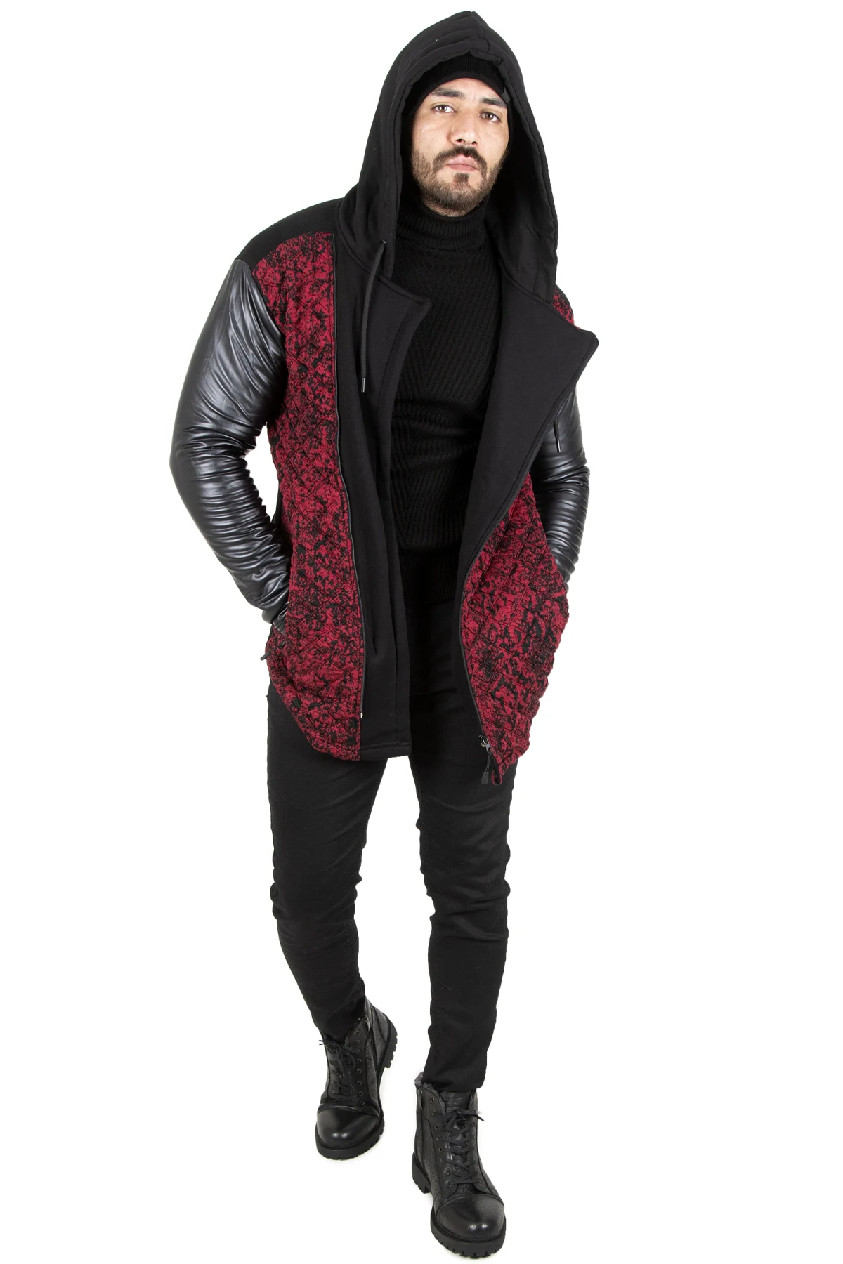 DeepSEA Male Hooded Faux Leather Coats Slim Fit Pattern Cross Zipper Autumn Winter High Quality Casual 2210076