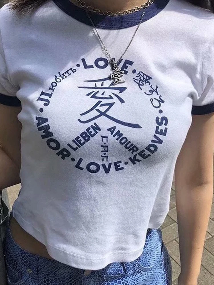

Retro Spice Girls Love Letters Top Student White Round Neck Short Sleeve T-Shirt Women y2k clothes kawaii Рубашки women clothing