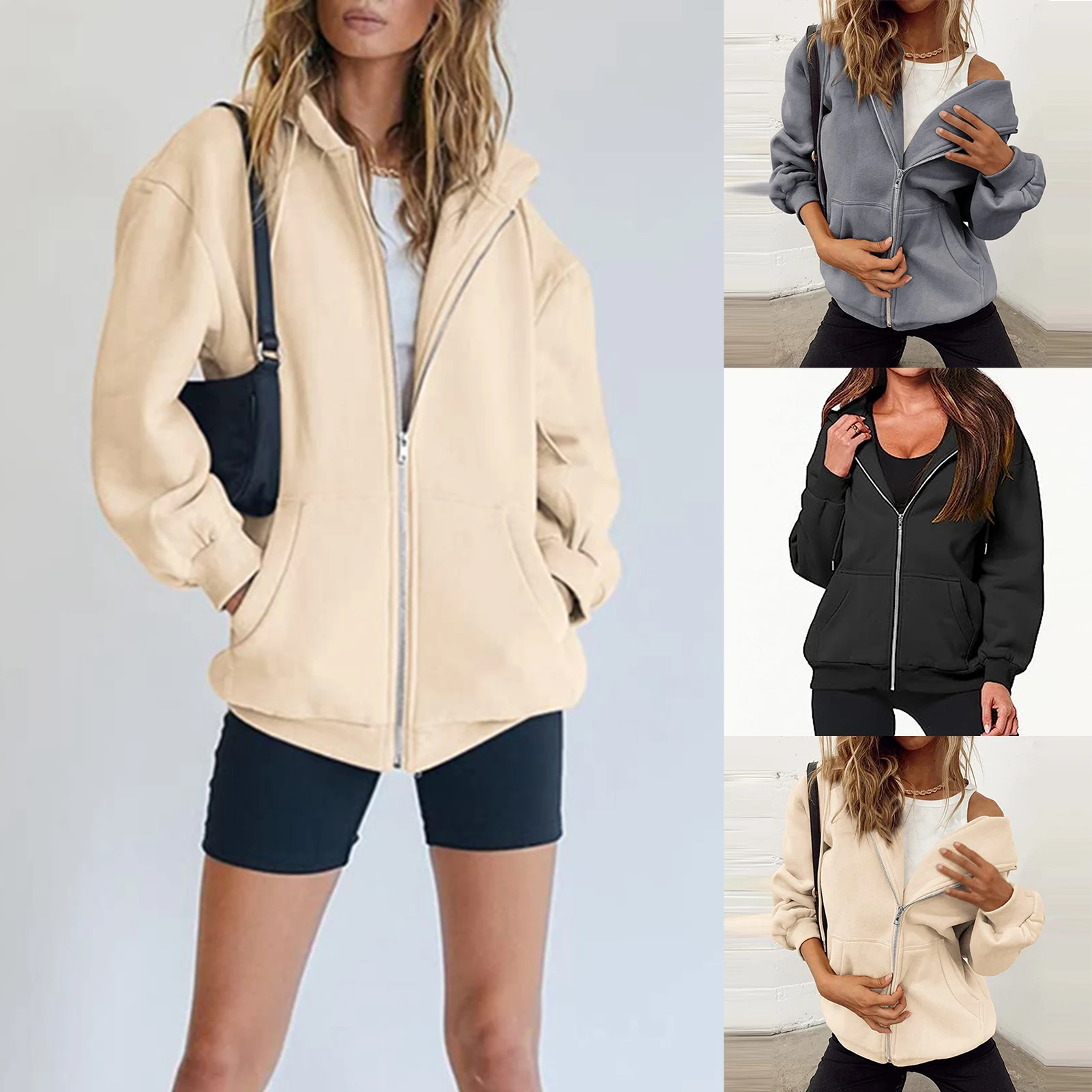 

Women Oversized Hoodies Solid Color Sweatshirts With Pockets Full Zip Hoody Zipper Sweatshirt Loose Sweaters Jacket Daily Outfit