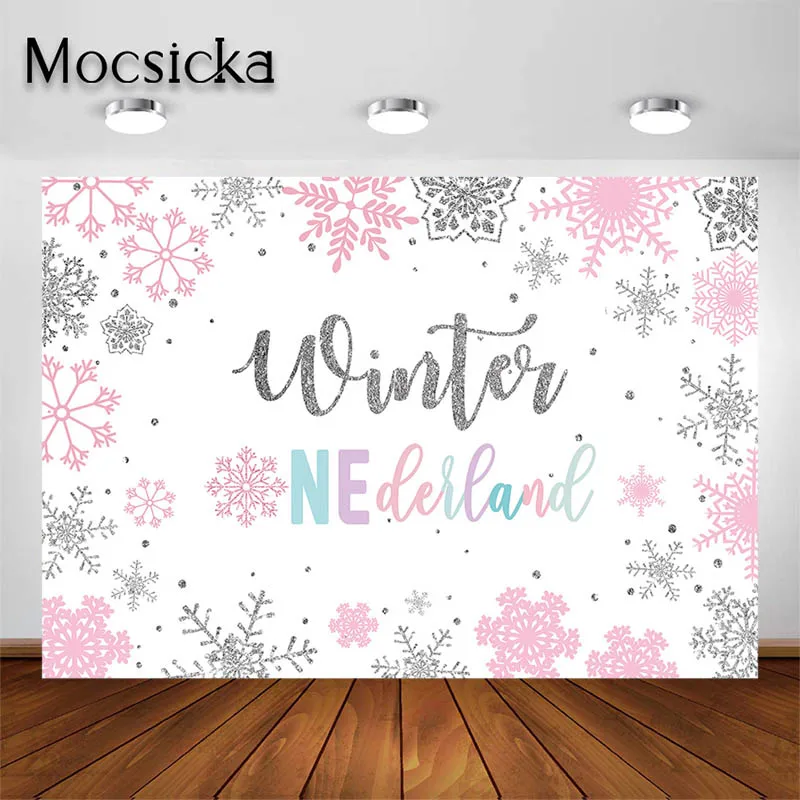 

Mocsicka 1st Birthday Party Backdrop Winter Onederland Snowflake Background Kids Portrait Photo Studio Props Party Decor Banner