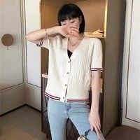 tb college style wool knitted short sleeved ins slim top design sense cardigan womens spring and summer small people wear