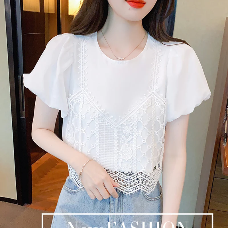 

White Chiffon Blouses New 2023 Summer Short Sleeved O-Neck Fake Two-Piece Women's Shirt Elegant Slim Lace Tops