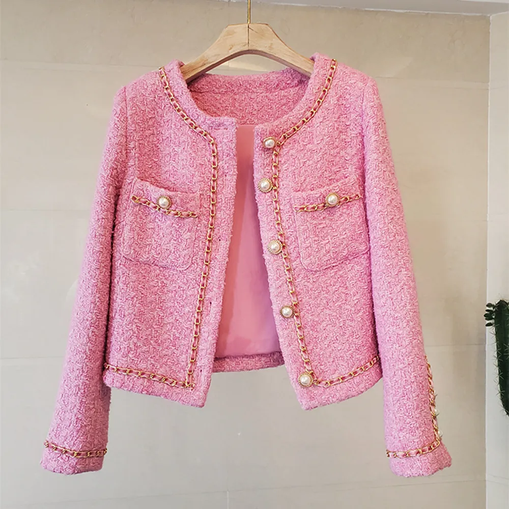 

2023 new design women's chains patchwork thickening cotton padded liner tweed woolen elegant jacket coat casacos