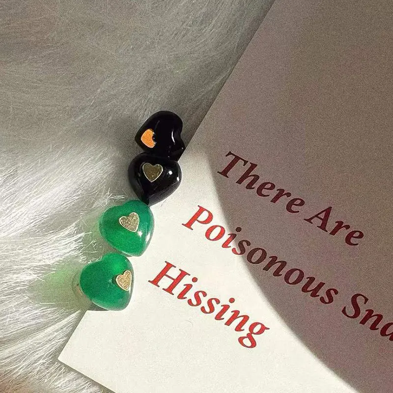 Silvology Real 925 Sterling Silver Green Black Agate Heart Stud Earrings for Women Chic Sleeper Earring Aesthetic Simple Jewelry