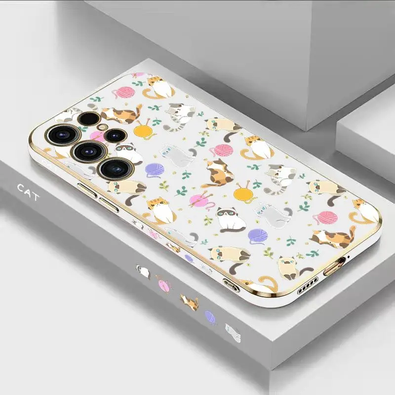 Simple Cat Pattern Luxury Plating Phone Case For Samsung Galaxy S23 S22 S21 S10 S9 S8 Plus Note 20 ultra 10 Plus Cover