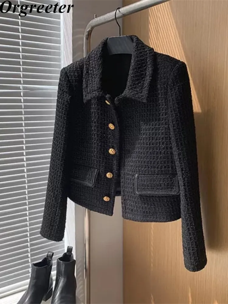 

Women Fashion Tweed Cropped Blazer Coat Vintage Lapel Long Sleeve Front Buttons Female Outerwear Chic Jaqueta Feminina