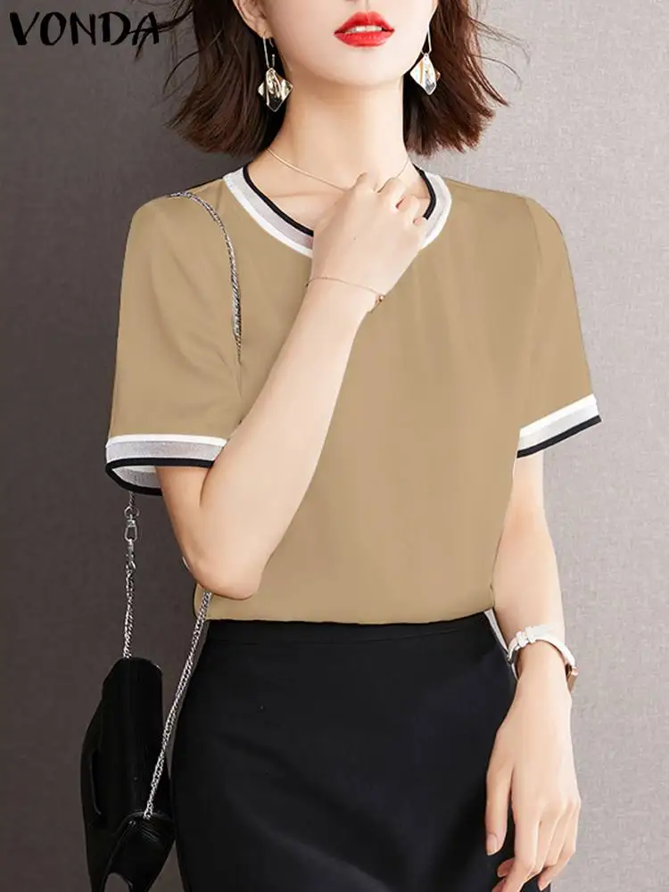 

VONDA 2023 Women Casual Blouses Fashion Summer Shirts Elegant Short Sleeve Patchwork Tunic Tops O-Neck Loose Blusas Femininas