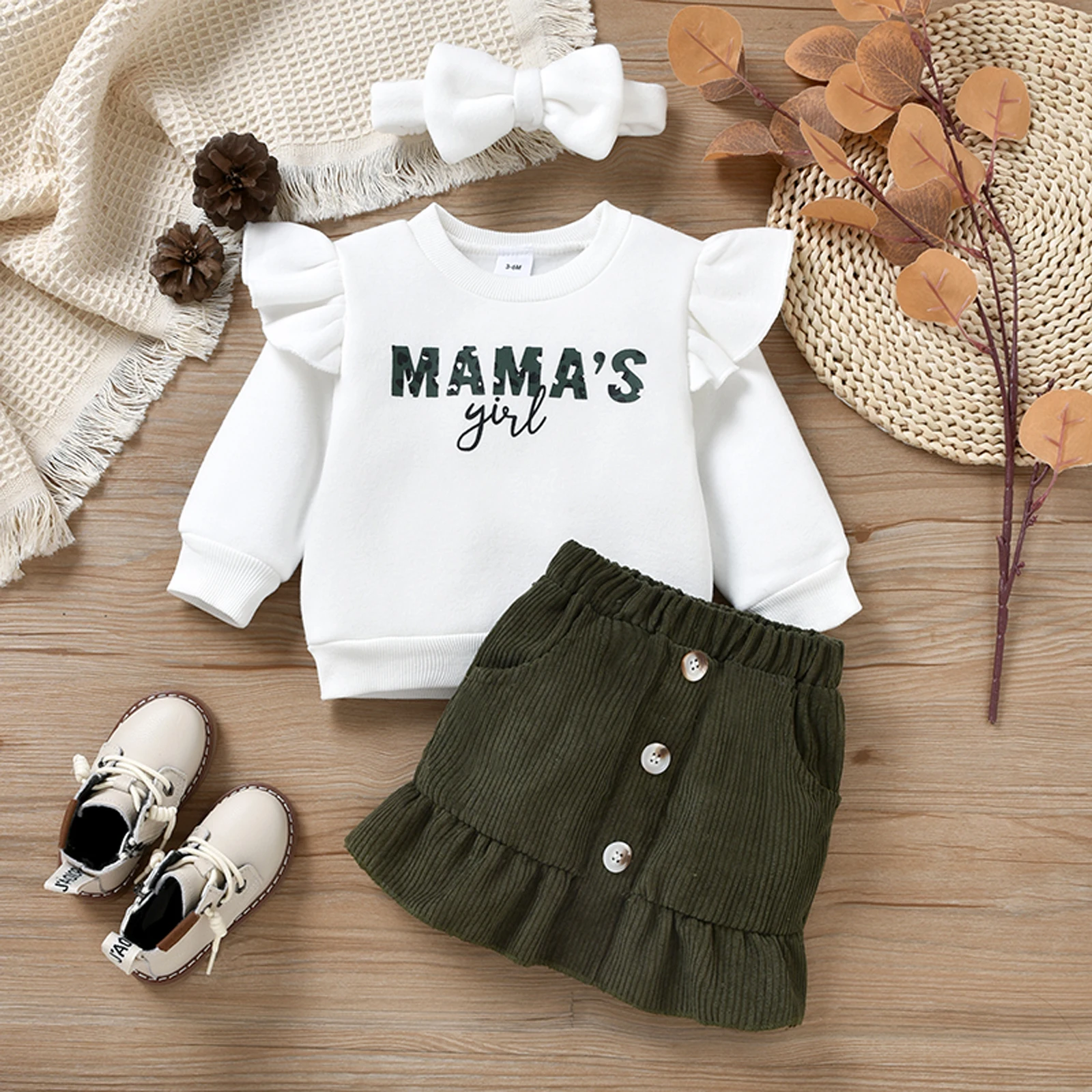 

Baby Girl Skirt Set Letter Print Flying Sleeve Long Sleeve Pullover Sweater + Button Ruffled Hem Short Skirt + Headband