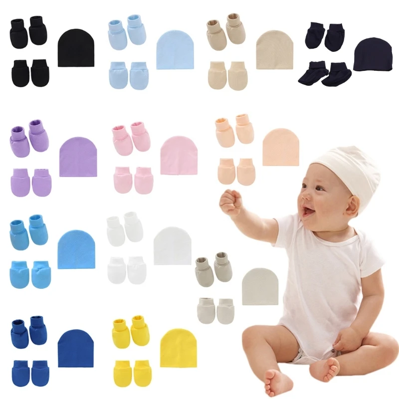 

Baby Solid Color Mitts for Toddler Infants Soft Cotton Comfy No Scratch Mittens Ankle Socks Cute Turban Beanie Cap Kit