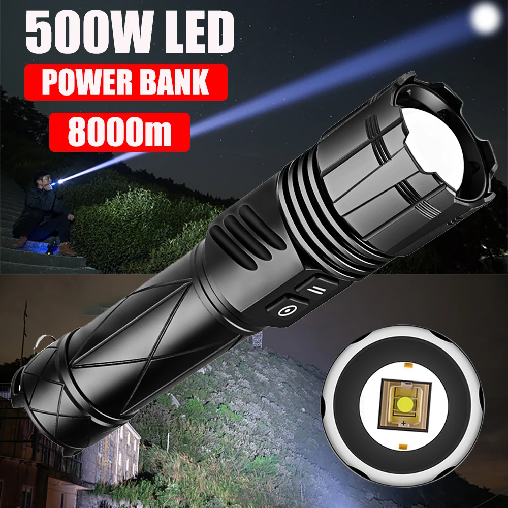 

500 Вт, ультрамощный фонарик, USB Перезаряжаемый фонарик, высокомощный 5000 м, тактический фонарь, длинный фонарь для рыбалки и кемпинга