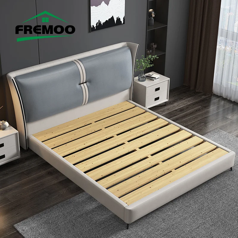 

Genuine Leather Bed 2 People Italian Light Luxury Bedroom FurniTure Set Queen Bed with Bedside Table Double Bed Box Customizable