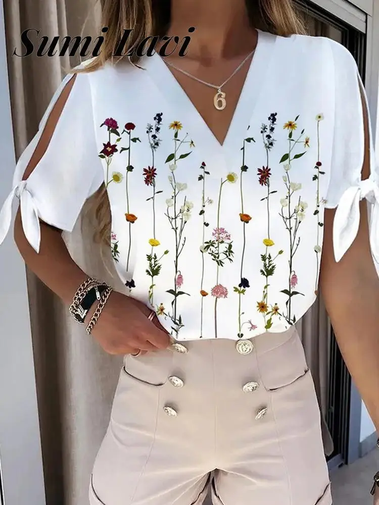 

Женские топы с V-образным вырезом и коротким рукавом, летняя футболка, пуловер с цветочным принтом, женские элегантные офисные топы с бантом ...