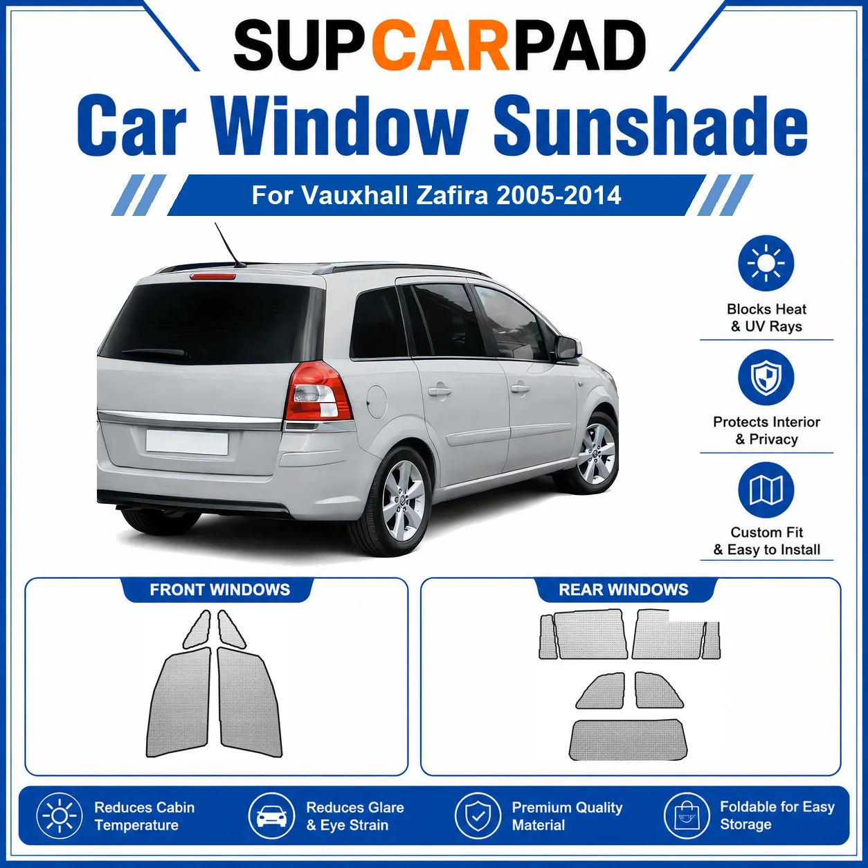 Фото Для Vauxhall - Vauxhall Zafira 2005-2014: Полный комплект солнцезащитных шторок для окон автомобиля, блокирующих УФ-излучение, обеспечивающих конфиденциальность, теплоизоляцию, складные автомобильные шторки. №1