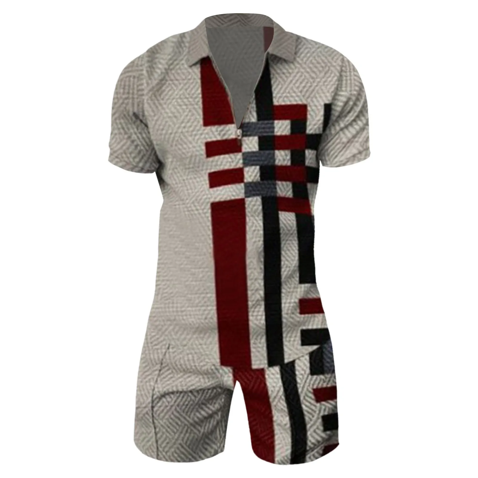 Male Hawaiian 2 Piece Set Lapel Collar Stripe Print Polo Shirt Tracksuit Loose Shorts Men Sets Ensemble Homme Conjuntos New