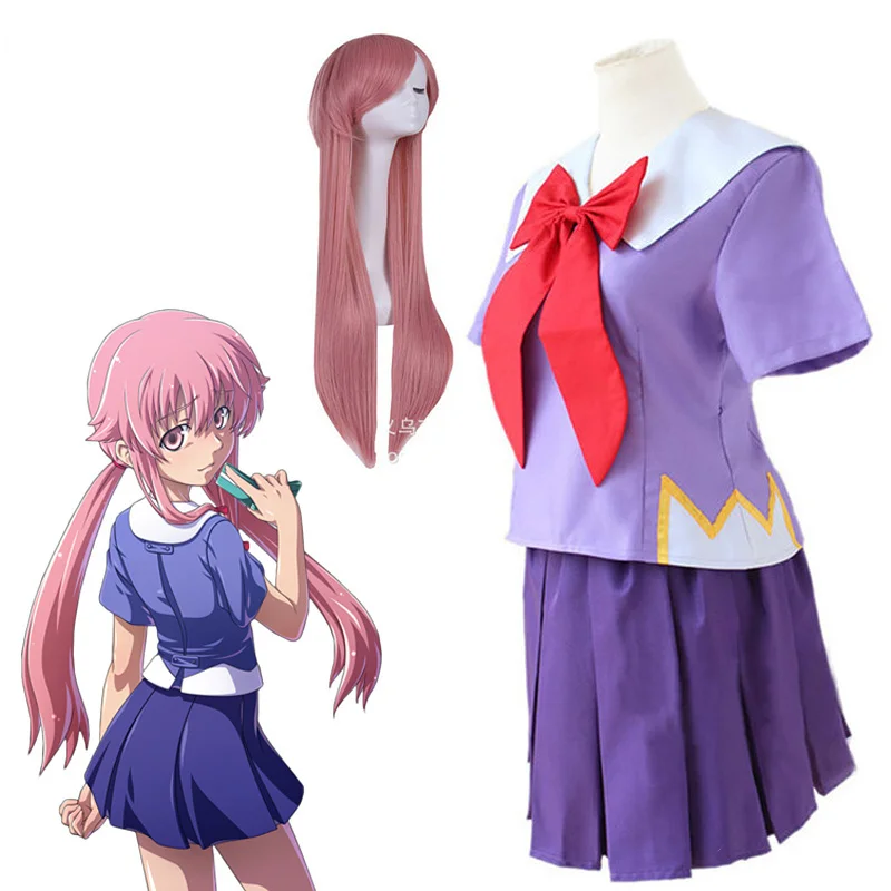 

Anime 2nd Mirai Nikki Gasai Yuno Lolita Sailor Cosplay Costume Loli Bow Skirt Wig Length 80cm Female New 2022