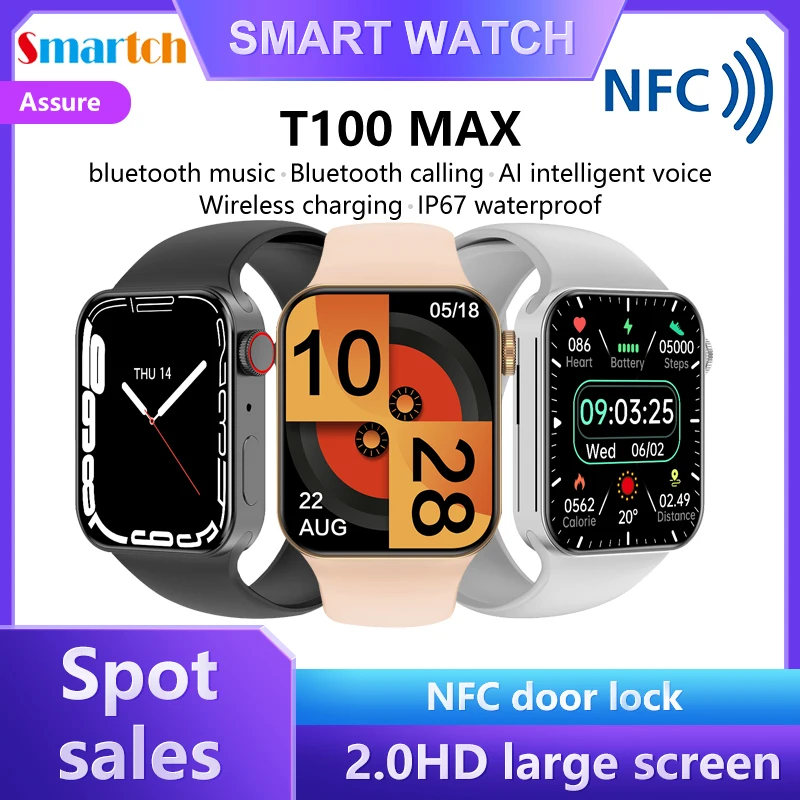 

Original T100 Max Smart Watch NFC 2.0" HD Large Screen Series 7 Dial Call Smartwatch Man Wowen Heart Rate Fitness Bracelet Band