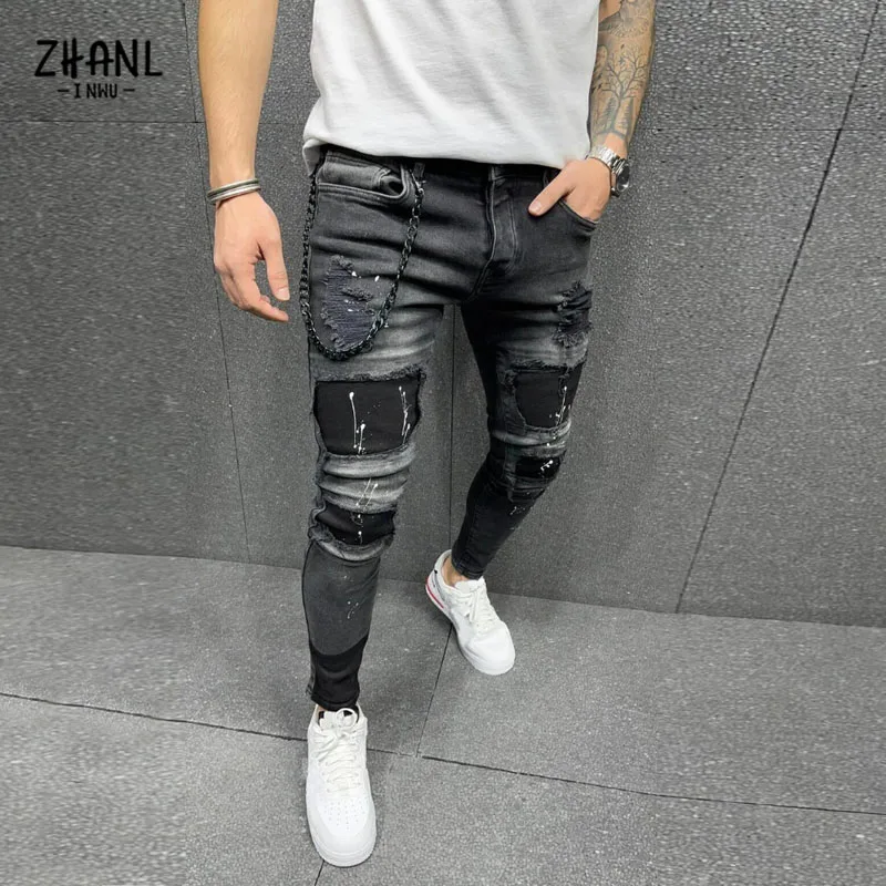 Men's Embroidered Jeans Business Casual Jeans Men Slim Stretch Pencil Pants Four Seasons Black New Ripped Print Pants Casual Men