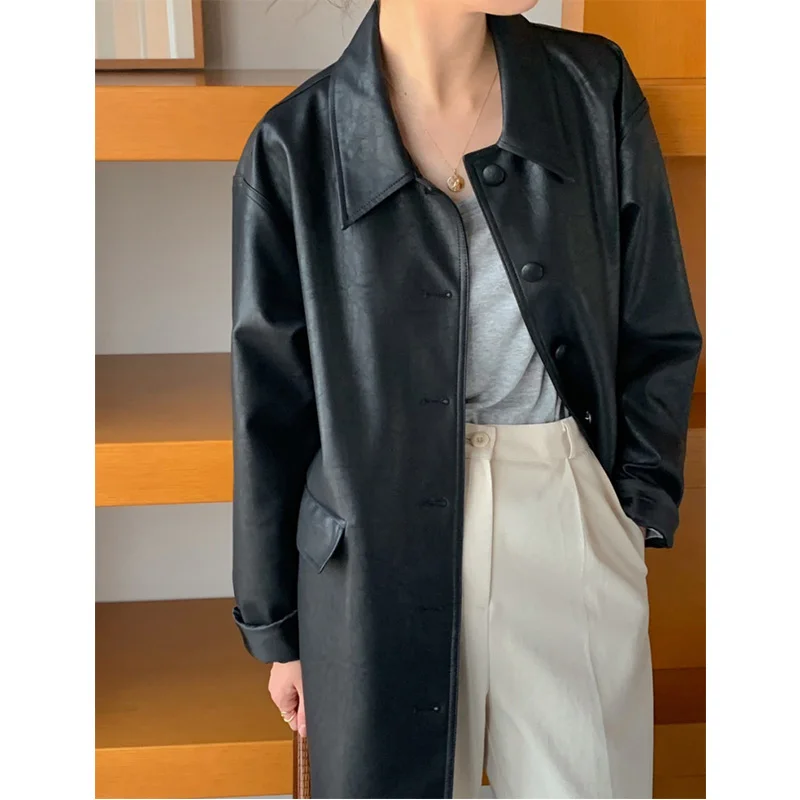 Women's Mid-Length Leather Jacket 2022 Autumn Winter Women's Lapel Long Sleeve Coat Fashion Black Faux Leather Outerwear