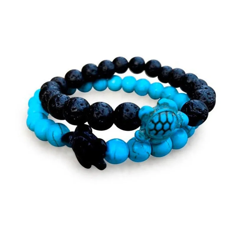 

New Green Turquoise Turtle Volcanic Stone White Turquoise A Variety of Natural Stone Men's and Women's Elastic Bracelet