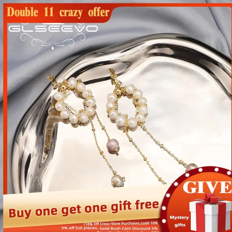 

GLSEEVO Natural Freshwater Pearls Long Chain Drop Earrings For Woman Trend Elegance Art Luxury Fine Jewelry Anniversary Gift