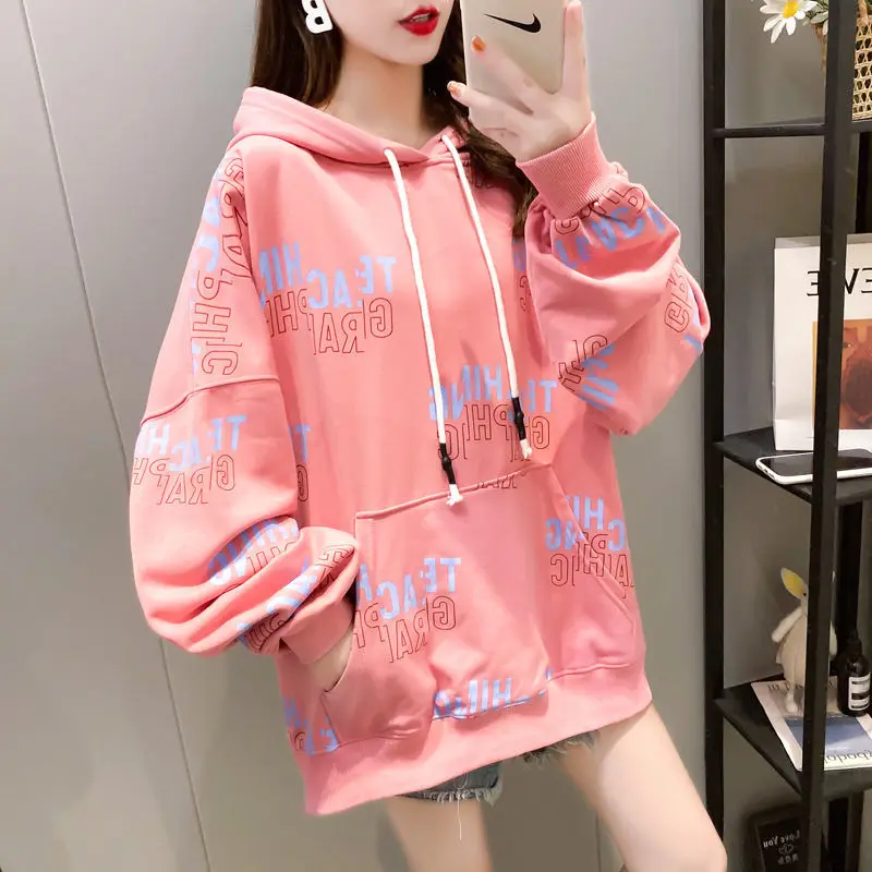 Женская толстовка с капюшоном и надписью свободного покроя