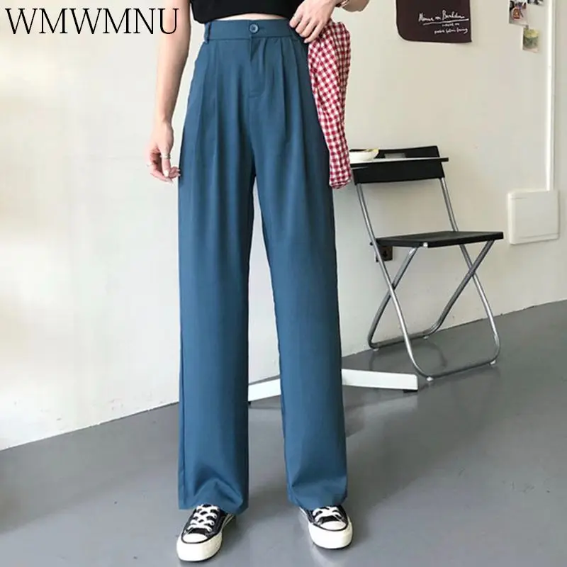 

Suoversized 90 KG Chiffon Suit Pants Women Korean High Waist Vacation Trousers Blue Vintage Straight Wide Leg Britches Wholesale