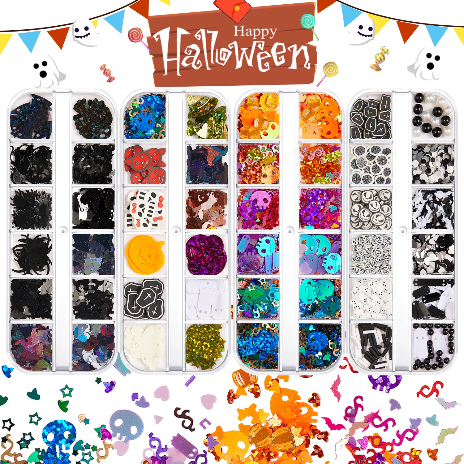 

Halloween Manicure Soft Pottery Sequins 12 Grid Set Series Nail Polish Glue Glue DIY Material NailJewelry