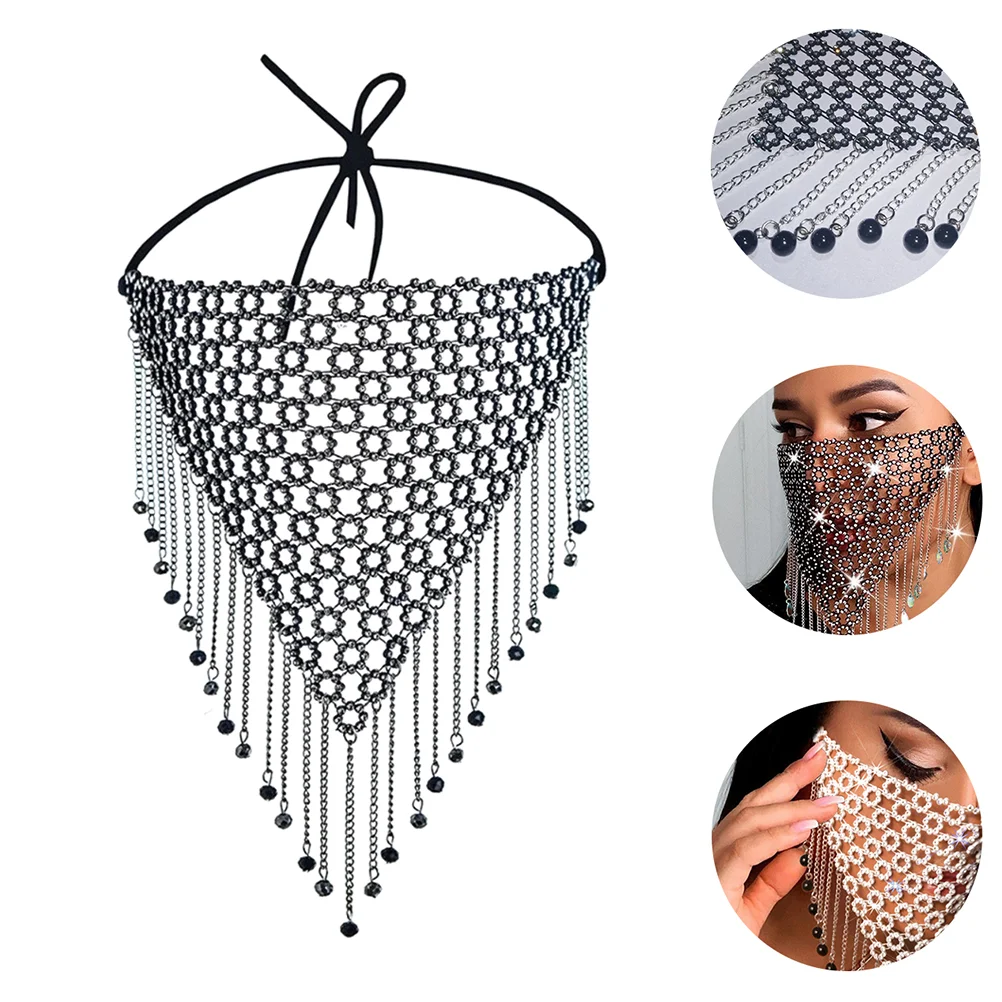 

Black Disposable Masks Curtain Crystal Tassel Face Masquerade Rhinestone Christmas Tassels Chain Cover Nylon Nightclub Veils