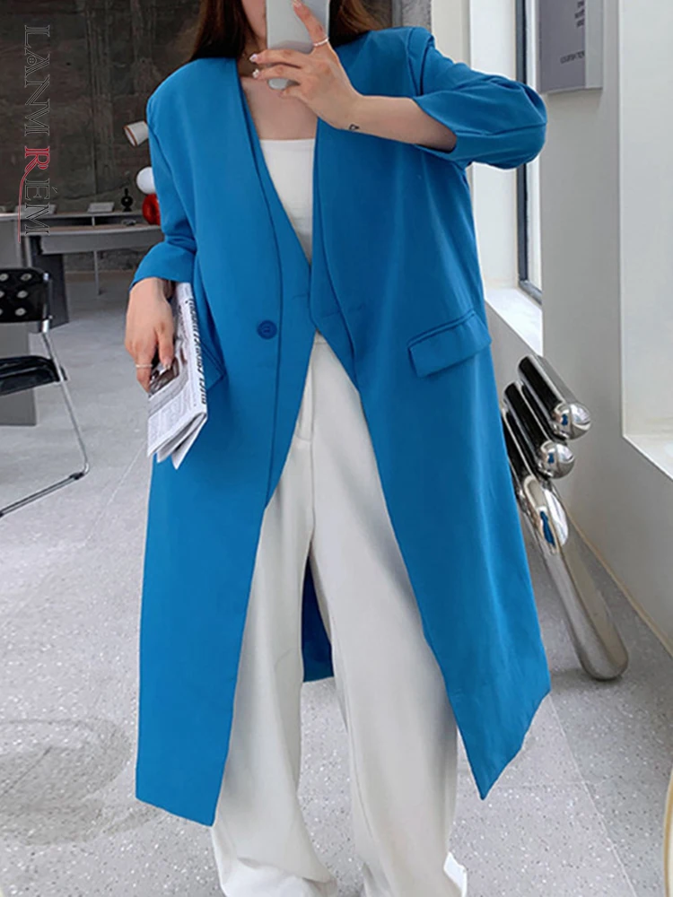 

LANMREM Прошитые длинные блейзеры с v-образным вырезом и одной пуговицей, женские уличные пальто средней длины в Корейском стиле, осень 2023, новинка 2DA1668