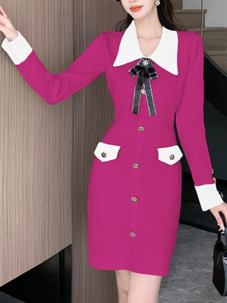 Осеннее новое модное трикотажное платье с бантом и длинными рукавами для женщин