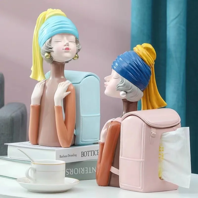 

Creative Pearl Girl Character Sculpture Tissue Box Resin Housewarming Wedding Gift Living Room Desktop Pumping Box Decoration