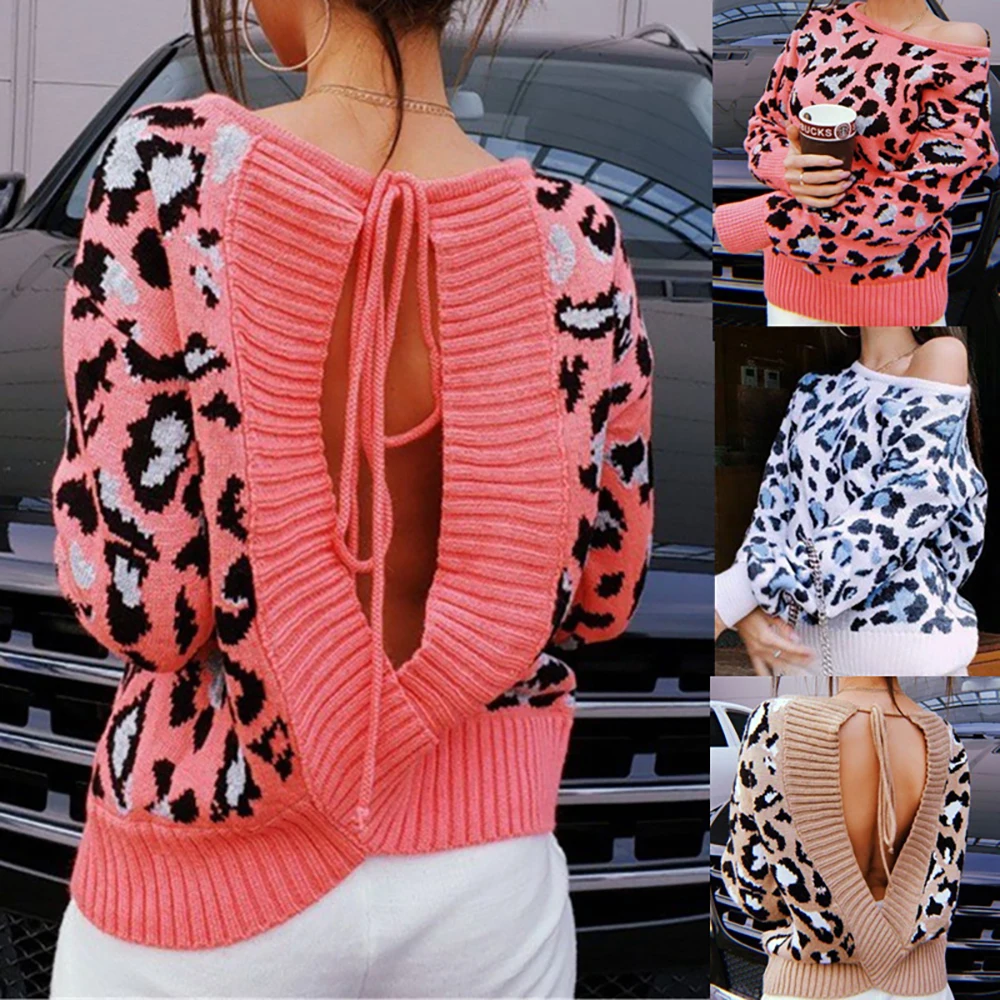 

Casual Women Knitted Sweater Top 2021 Autumn Fashion New Leopard Print Long-sleeved Loose Casual Pullover Ladies Sweater Tops