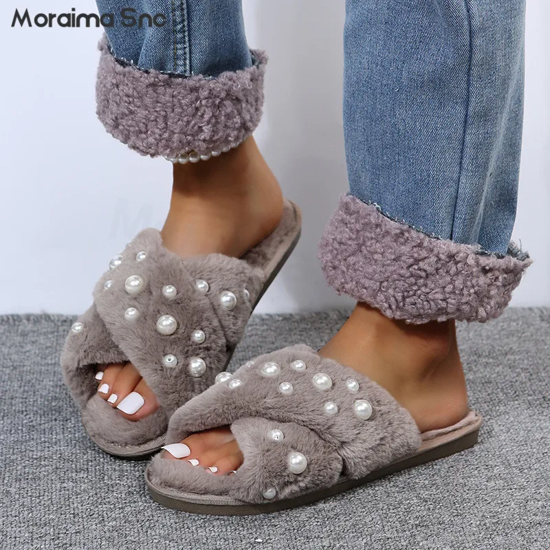 Black Fur Cross Strap Slippers New Open Toe Flat Bottom Pearl Fur Slippers Multi-Color Casual Fashion Plus Size Women's Shoes