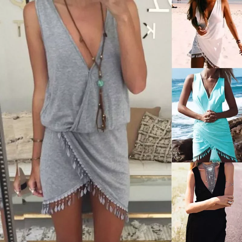 

Sexy Bikini Cover Up Women Deep V-neck Beach Dress with Tassel Beachwear Swimwear Solid Tunic Sarong Summer Dress