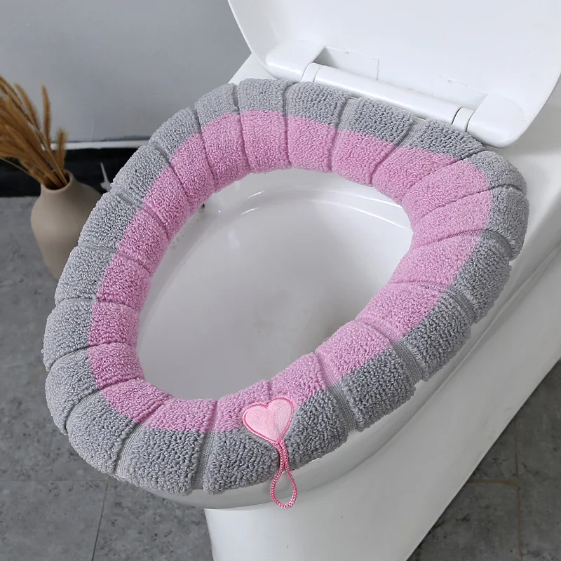 

Household Winter Heating Washable Toilet Cover Bathroom Supplies Nordic Style Contrast Color Handle Plush Knitted Toilet Cover