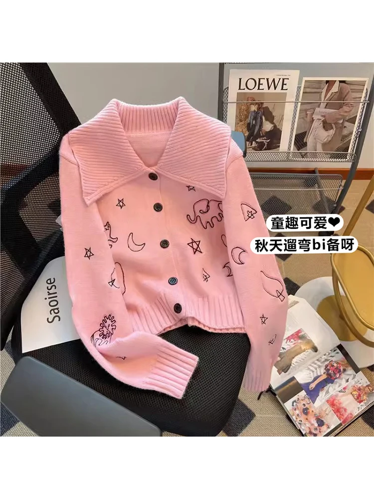 

Женский вязаный кардиган с графическим принтом, розовый свитер с длинным рукавом в Корейском стиле 90-х Y2k, винтажный джемпер, свитер, осенняя одежда, 2023