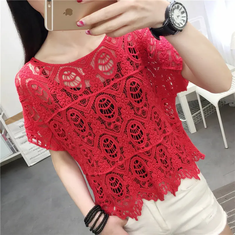 

Пуловер, Новинка весна-лето 2022, Корейская кружевная рубашка с круглым вырезом и короткими рукавами, Женский Свободный Повседневный свитер, ...
