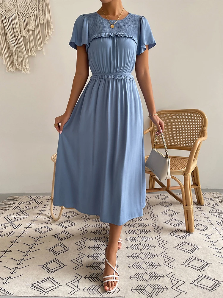 

Short-sleeved Casual Dress for Women Summer Edible Tree Fungus Flying Elegant Robe Shirring Sexy French Boho Dresses Vestidos