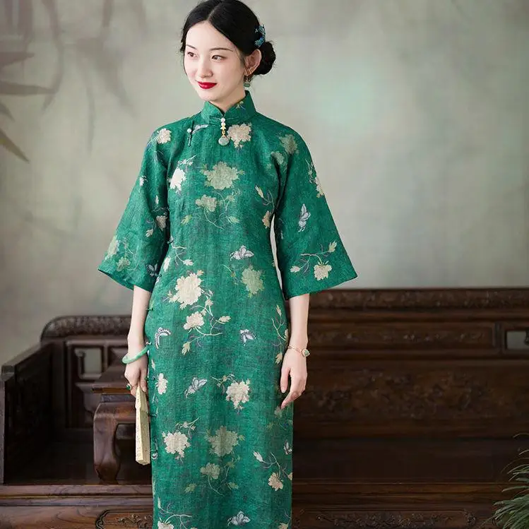 

2022 chinese vintage qipao dress cheongsam dress vintage asian qipao women flower print dress elegant party dress oriental qipao