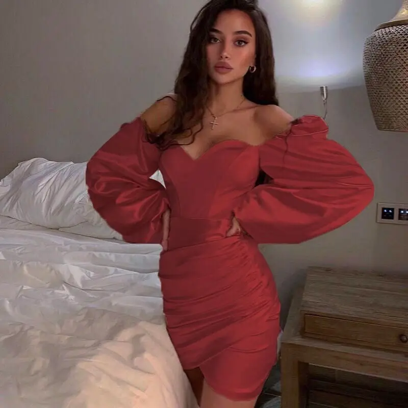 

Solid Satin Lantern Sleeve Evening Dresses Slit Ruched Bodycon Sexy Elegant Summer Dress Women 2022 Birthday Dress Vestido плать