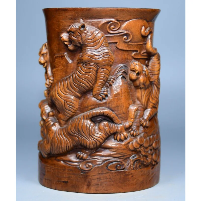 

5.3" Collection Chinese Box-wood Carving Animal Five Tiger Pine Tree Brush Pot Craft Gift Decoration Home Decore