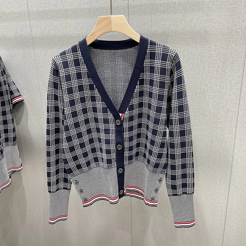 

Клетчатый кардиган TB в британском западном стиле, европейские товары, вязаный жакет, Топ