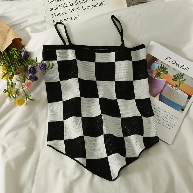 

Женские укороченные топы, женские трикотажные майки, милые клетчатые топы-трубы, асимметричные топы на бретелях для женщин