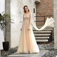 exquisite sequined champagne tulle evening gown perspective gauze formal party a line prom dress with elegant long sleeves
